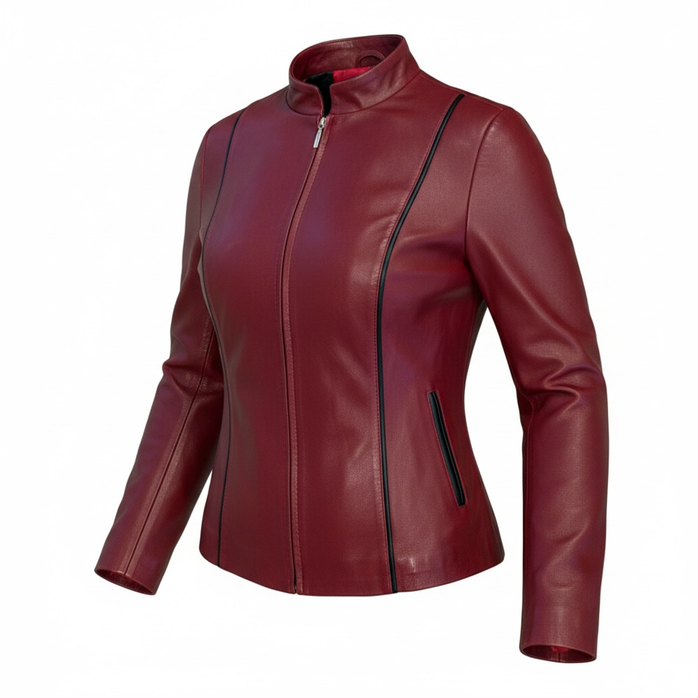 Women's Burgundy Leather Biker Jacket with Stand Collar and Zip Pockets